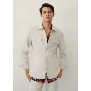 Mango Man Linen Cotton Blend Overshirt Button Up Long Sleeve Casual Cream Small